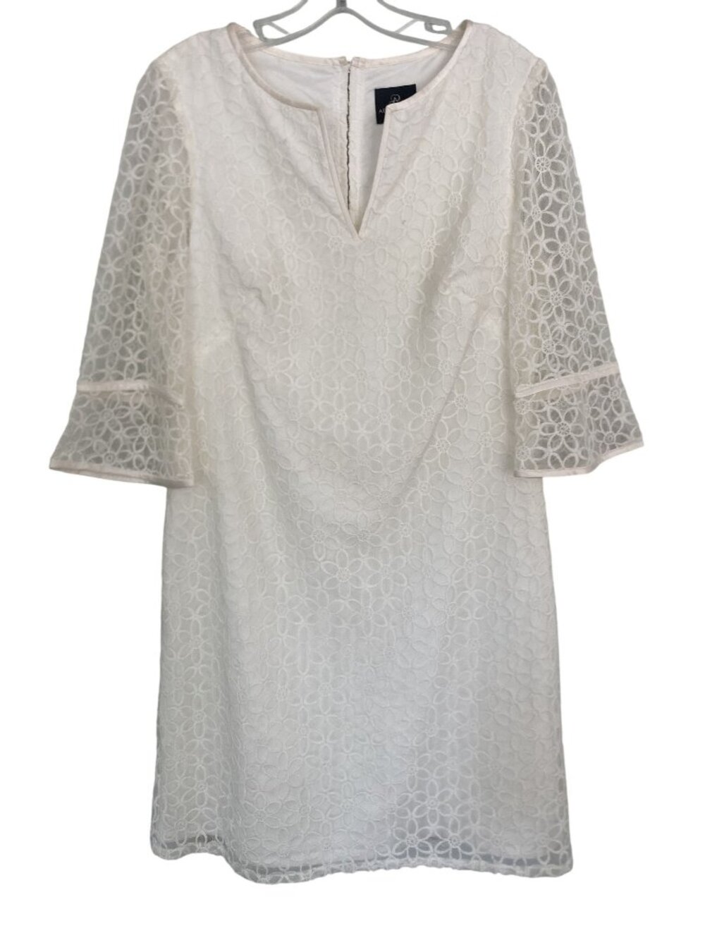 Adrianna Papell White Lace Floral Embroidered Dress Bell Sleeves Back Zipper